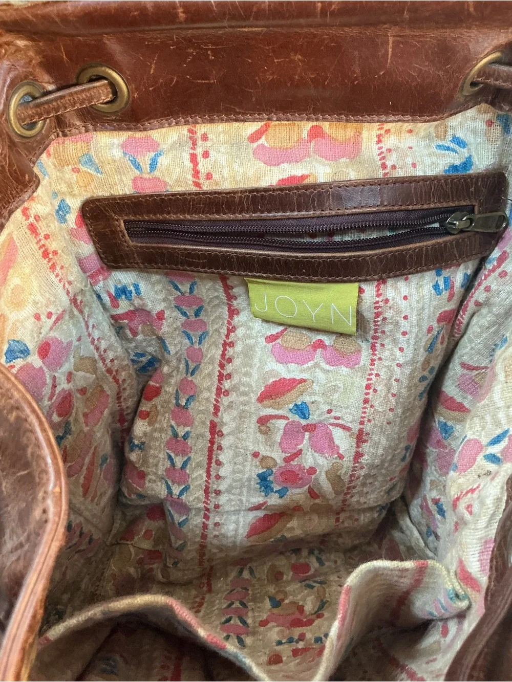 Joyn Brown Leather Backpack With Floral Lining